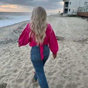 Anthropologie backless bow tie hot pink sweater